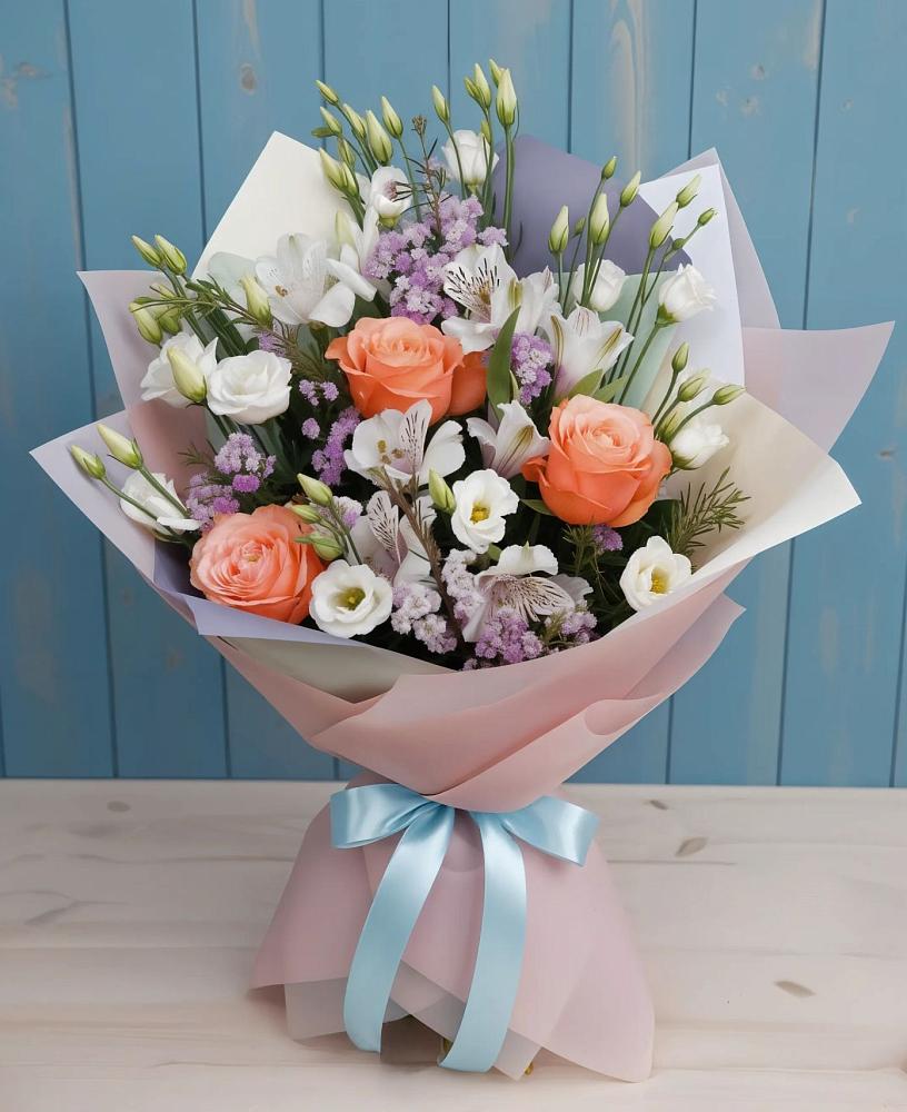 Букет цветов из: Лизиантусы, Розы, Альстромерии и Гипсофила в Мухоршибири